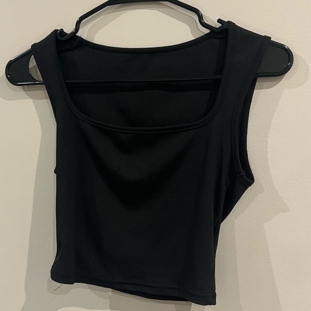 Two Black Ribbed Scoop Neck Crop Tank Tops
